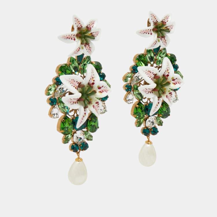 Pre Owned Dolce & Gabbana  Crystal Faux Pearl Resin Lily Gold Tone Earrings