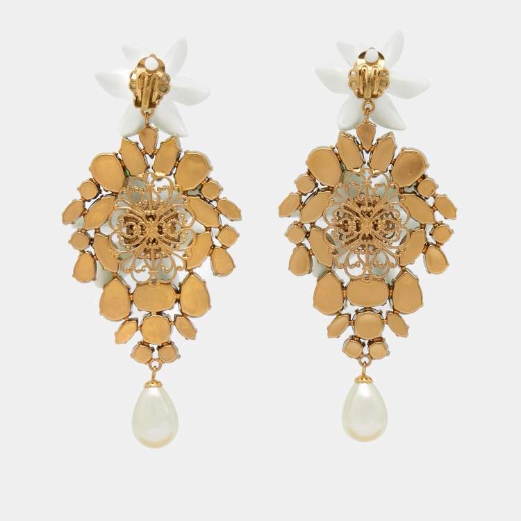 Pre Owned Dolce & Gabbana  Crystal Faux Pearl Resin Lily Gold Tone Earrings