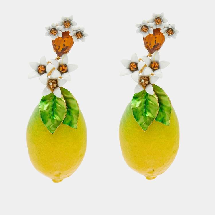 Pre Owned Dolce & Gabbana Lemon Composite Crystals Gold Tone Earrings