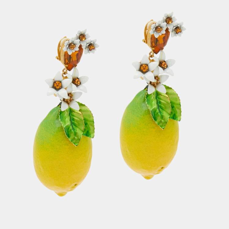 Pre Owned Dolce & Gabbana Lemon Composite Crystals Gold Tone Earrings