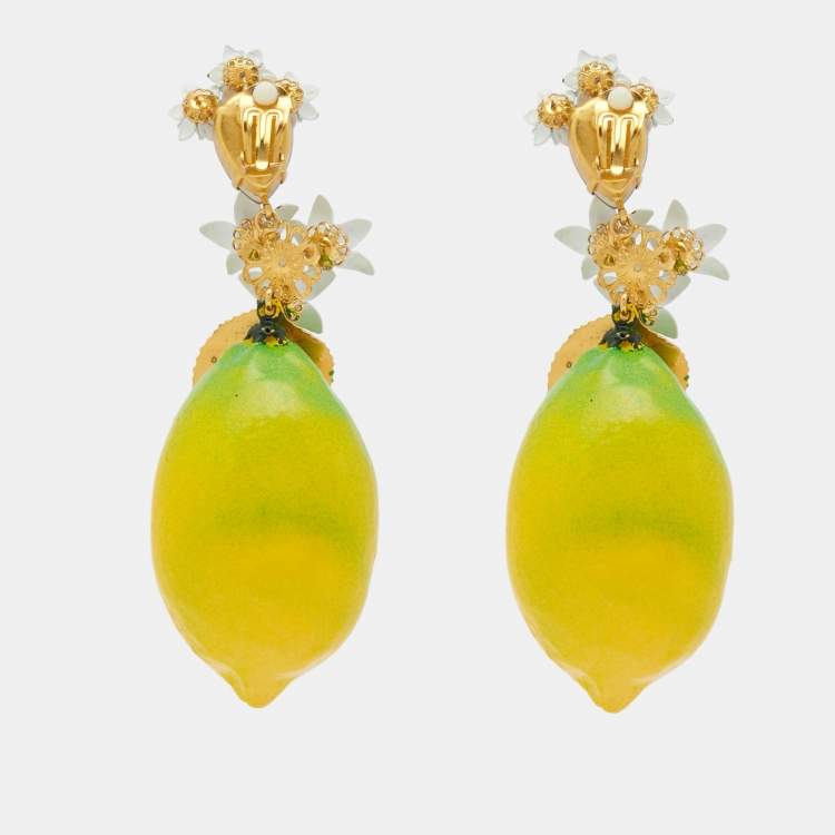 Pre Owned Dolce & Gabbana Lemon Composite Crystals Gold Tone Earrings