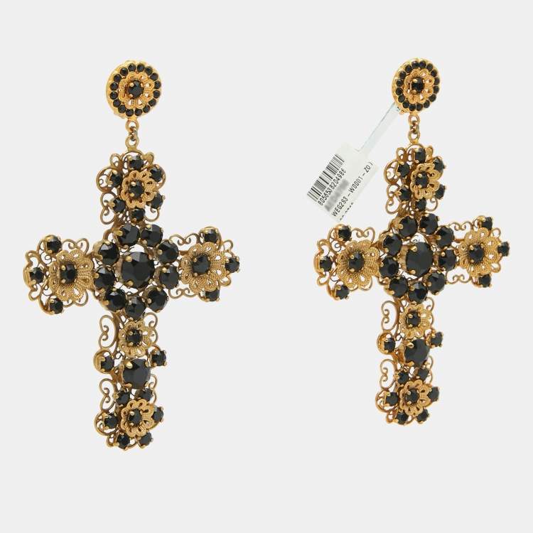 Pre Owned Dolce & Gabbana  Cross Crystal Embellished Gold Tone Earrings