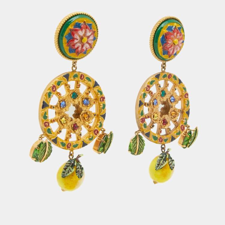 Pre Owned Dolce & Gabbana  Lemon Composite Enamel Crystals Gold Tone Earrings