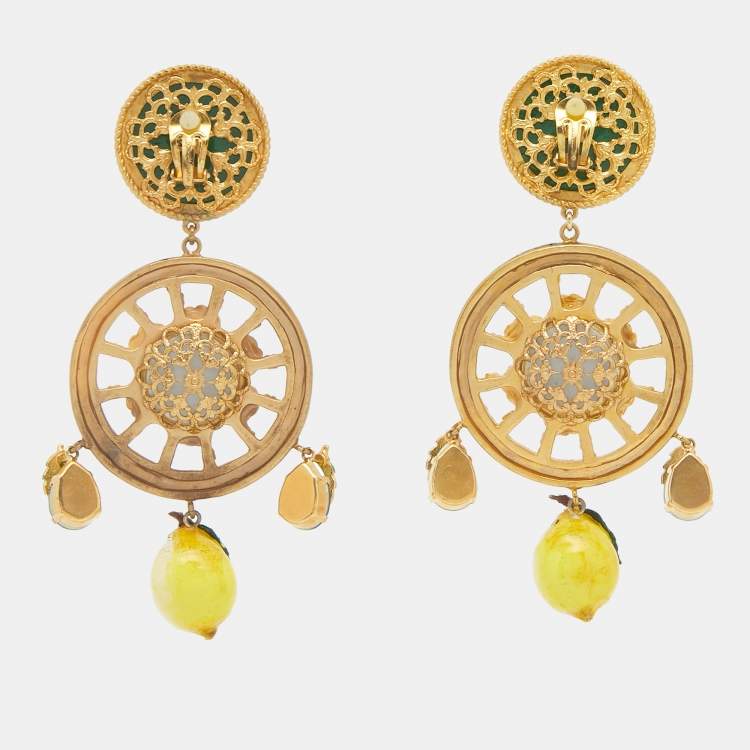 Pre Owned Dolce & Gabbana  Lemon Composite Enamel Crystals Gold Tone Earrings