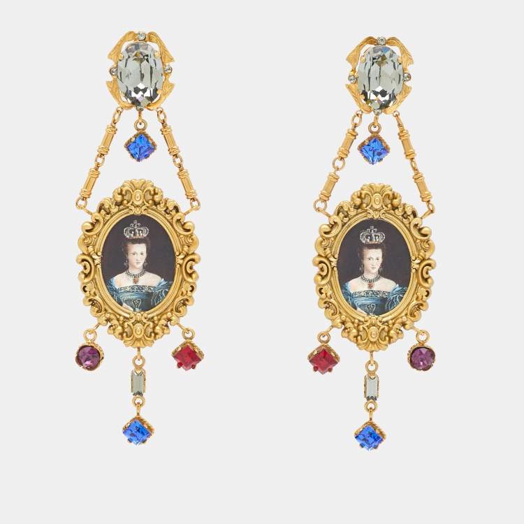 Pre Owned Dolce & Gabbana Composite Painting Crystals Gold Tone Earrings