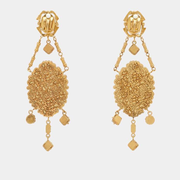 Pre Owned Dolce & Gabbana Composite Painting Crystals Gold Tone Earrings