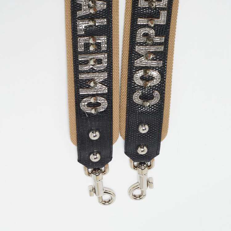 Pre Owned Dolce & Gabbana Black/Khaki Leather and Fabric Citta Di Palermo Studded Shoulder Bag Strap