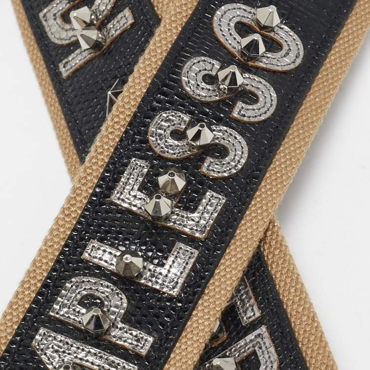 Pre Owned Dolce & Gabbana Black/Khaki Leather and Fabric Citta Di Palermo Studded Shoulder Bag Strap