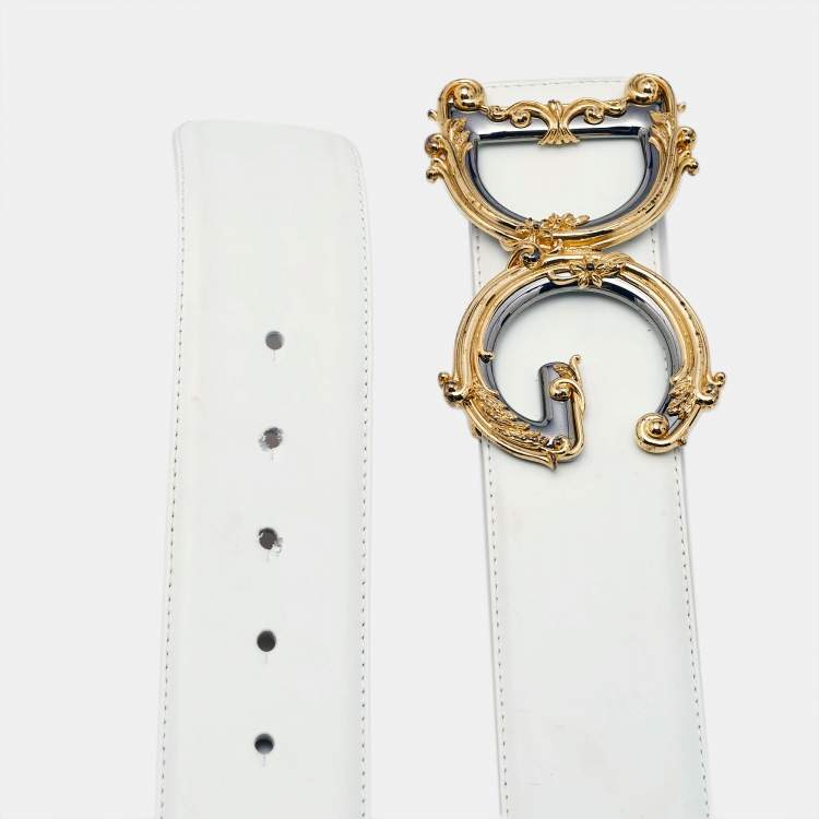 Pre Owned Dolce & Gabbana White Leather DG Baroque Buckle Belt 85CM