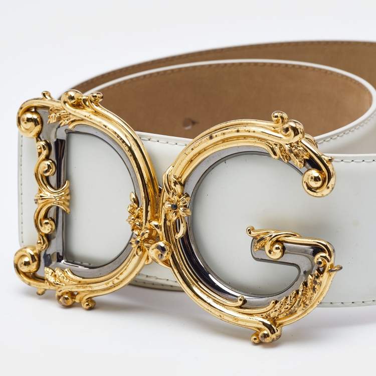 Pre Owned Dolce & Gabbana White Leather DG Baroque Buckle Belt 85CM