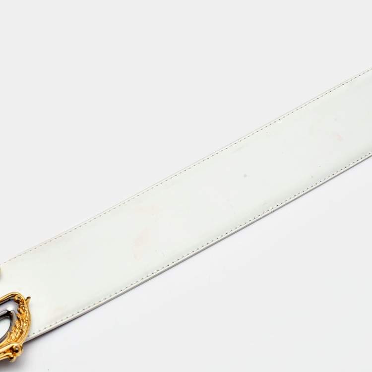 Pre Owned Dolce & Gabbana White Leather DG Baroque Buckle Belt 85CM