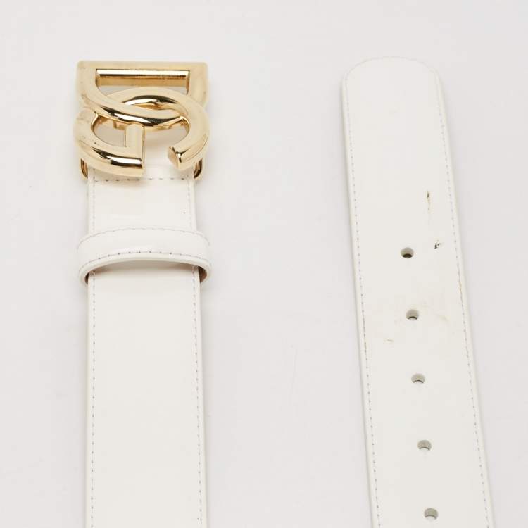 Pre Owned Dolce & Gabbana White Leather DG Logo Buckle Belt 85CM
