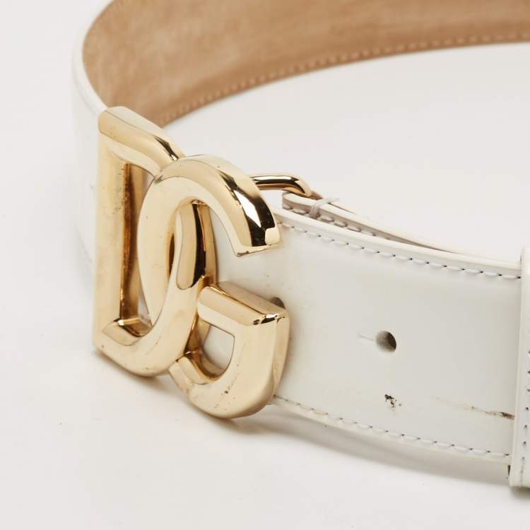 Pre Owned Dolce & Gabbana White Leather DG Logo Buckle Belt 85CM