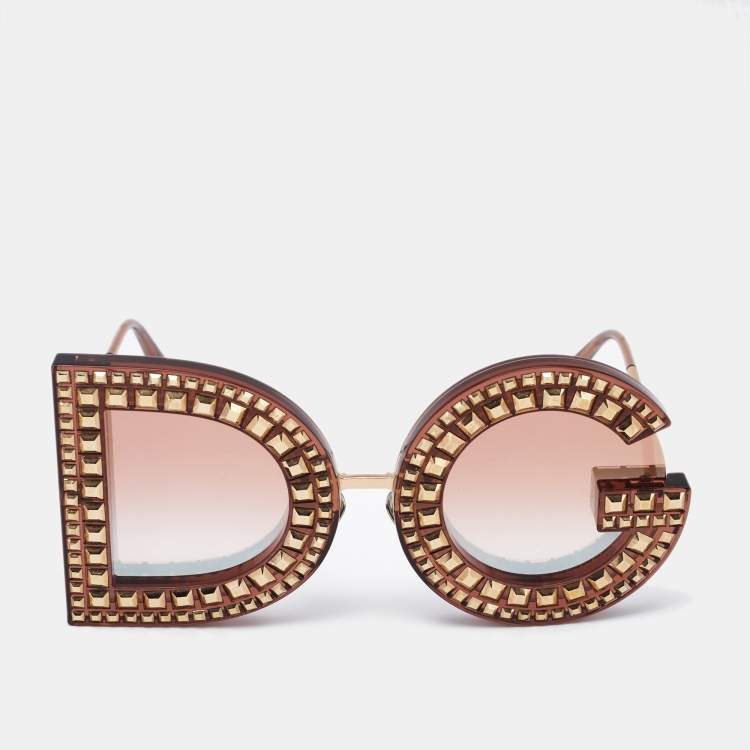 Pre Owned Dolce & Gabbana Gold/Bronze Gradient DG6121 DG Crystals Sunglasses