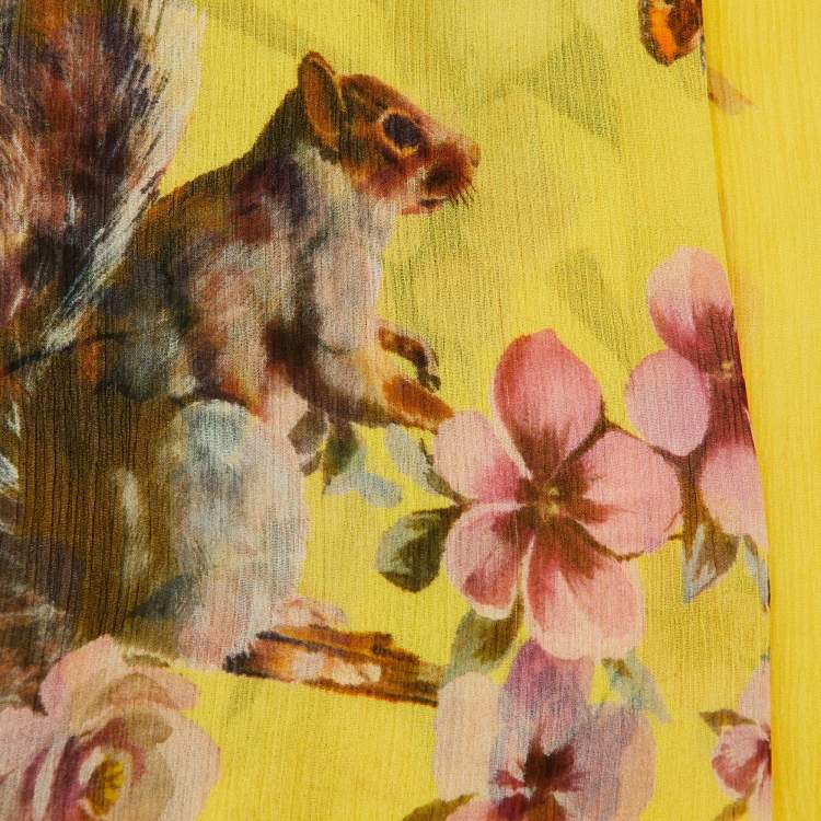 Pre Owned Dolce & Gabbana Yellow Flora & Fauna Print Silk Chiffon Scarf