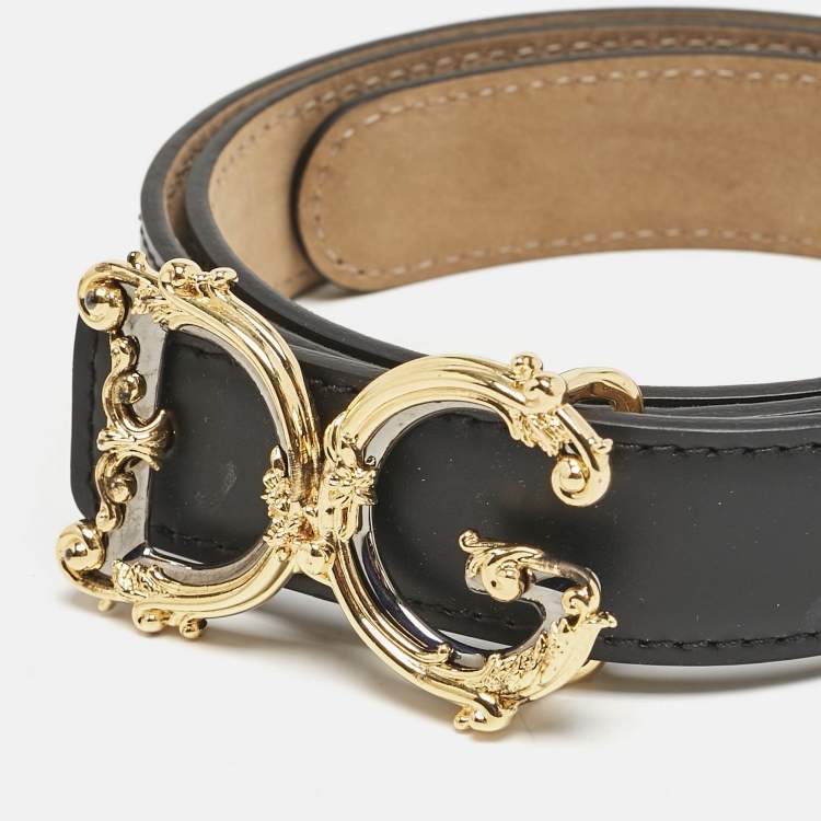 Pre Owned Dolce & Gabbana Black Leather DG Baroque Logo Buckle Belt 75CM