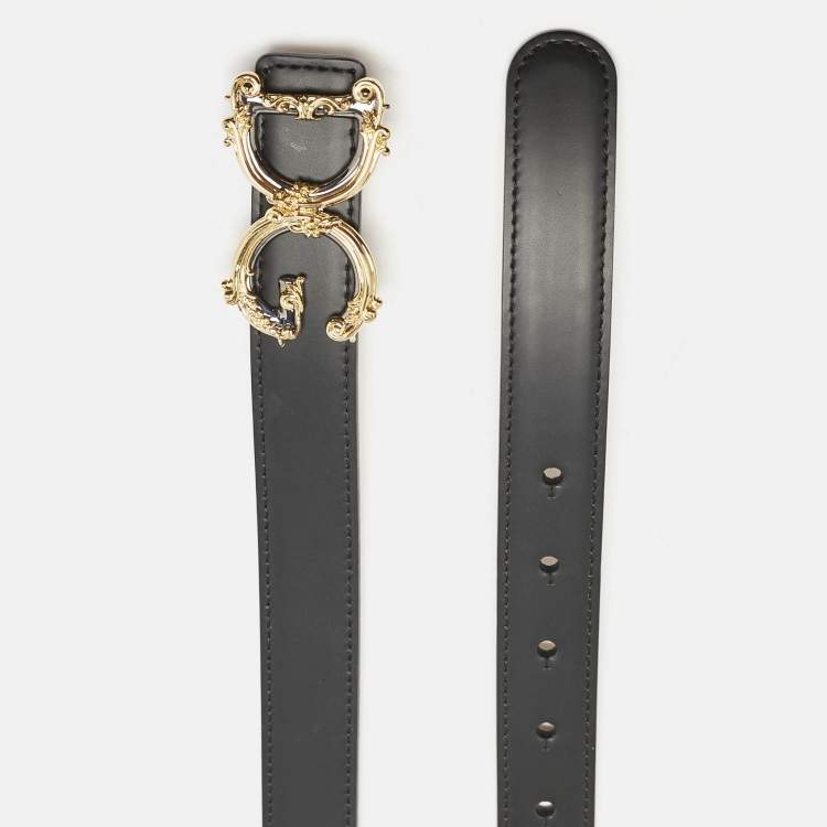 Pre Owned Dolce & Gabbana Black Leather DG Baroque Logo Buckle Belt 75CM