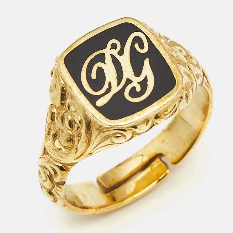 Pre Owned Dolce & Gabbana Enamel Logo Gold Ring Size 60