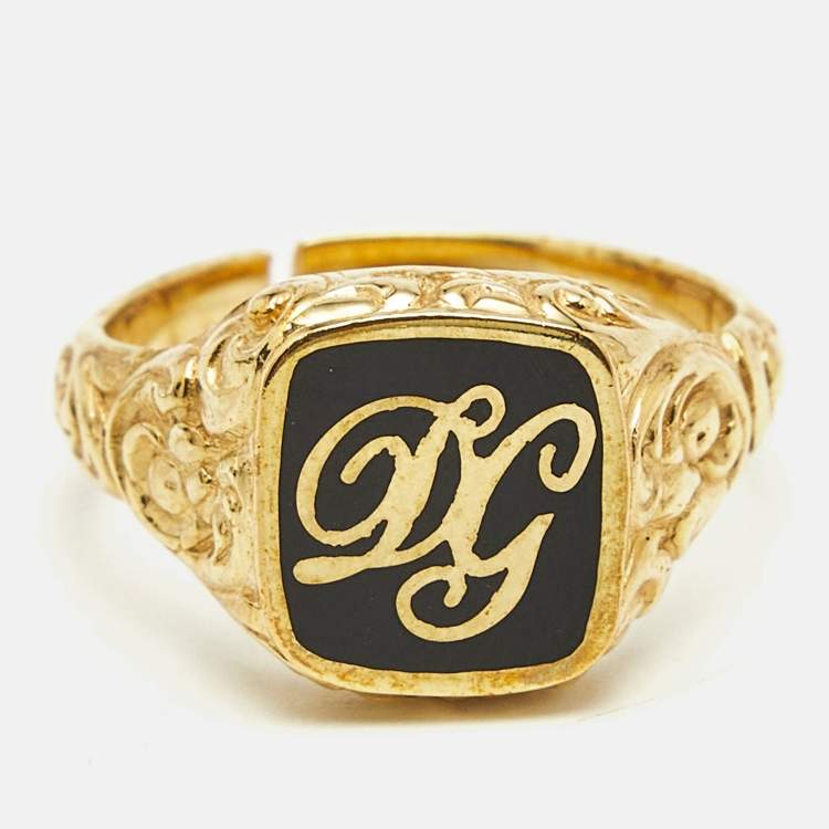 Pre Owned Dolce & Gabbana Enamel Logo Gold Ring Size 60