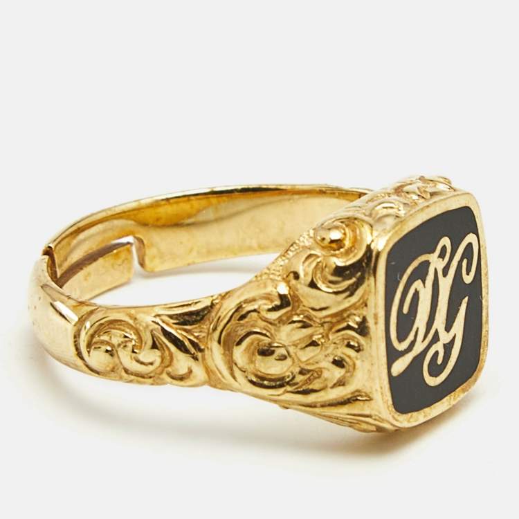 Pre Owned Dolce & Gabbana Enamel Logo Gold Ring Size 60