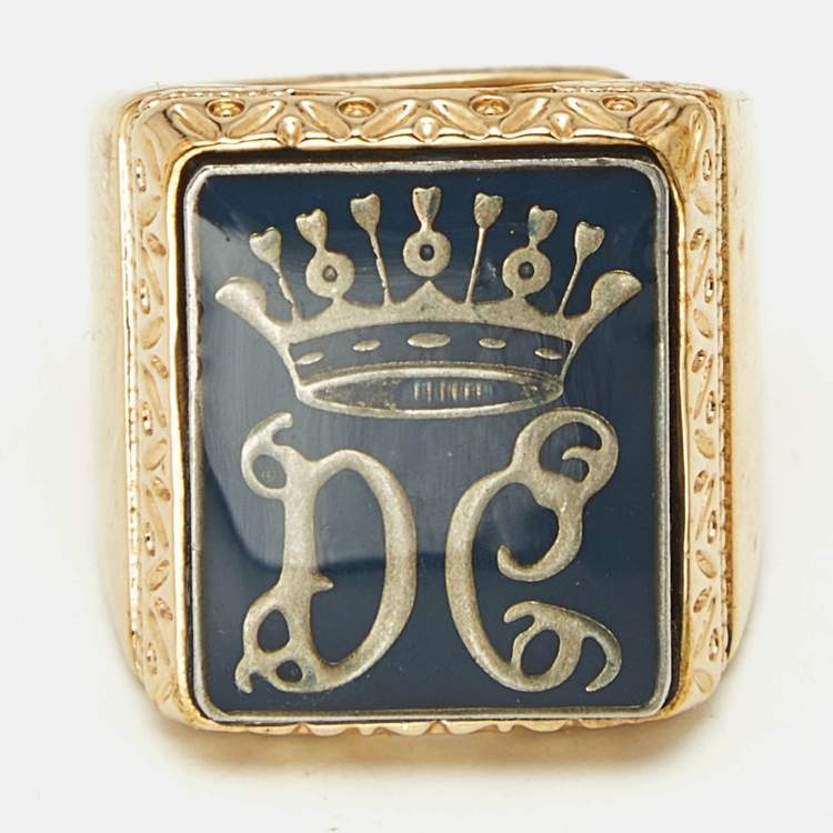 Pre Owned Dolce & Gabbana King Enamel Gold Tone Ring Size 57