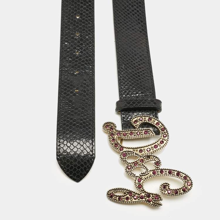 Pre Owned D&G Black Snake Embossed Leather DG Crystals Embellished Belt 105