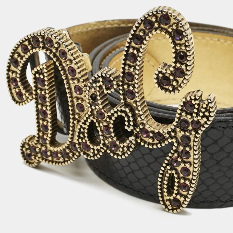 Pre Owned D&G Black Snake Embossed Leather DG Crystals Embellished Belt 105