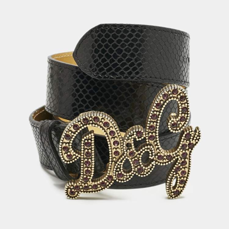 Pre Owned D&G Black Snake Embossed Leather DG Crystals Embellished Belt 105