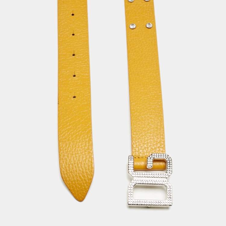 Pre Owned Dolce & Gabbana Orange Leather Crystals Embellished Logo Buckle Belt 80CM