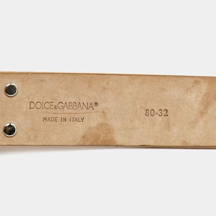 Pre Owned Dolce & Gabbana Orange Leather Crystals Embellished Logo Buckle Belt 80CM