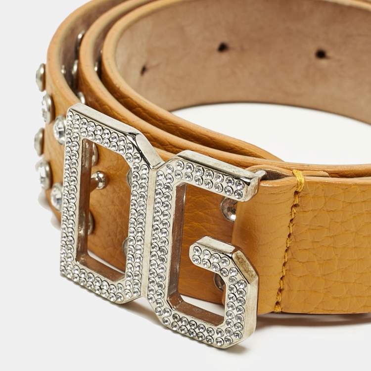 Pre Owned Dolce & Gabbana Orange Leather Crystals Embellished Logo Buckle Belt 80CM
