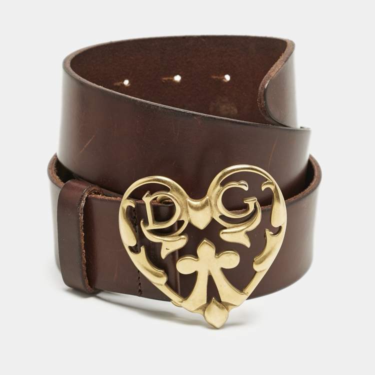 Pre Owned Dolce and Gabbana Brown Leather DG Heart Buckle Belt 85CM