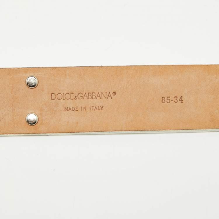 Pre Owned Dolce & Gabbana White Leather Crystals Embellished Logo Buckle Belt 85CM
