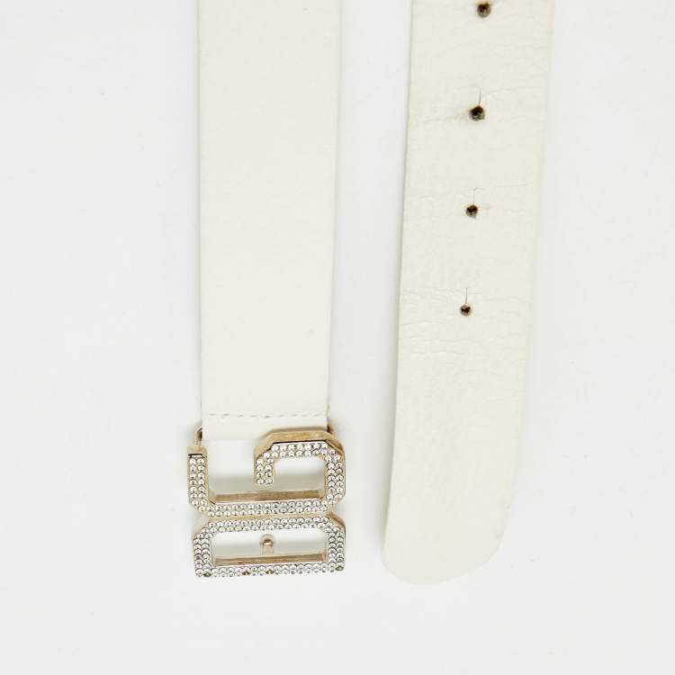 Pre Owned Dolce & Gabbana White Leather Crystals Embellished Logo Buckle Belt 85CM