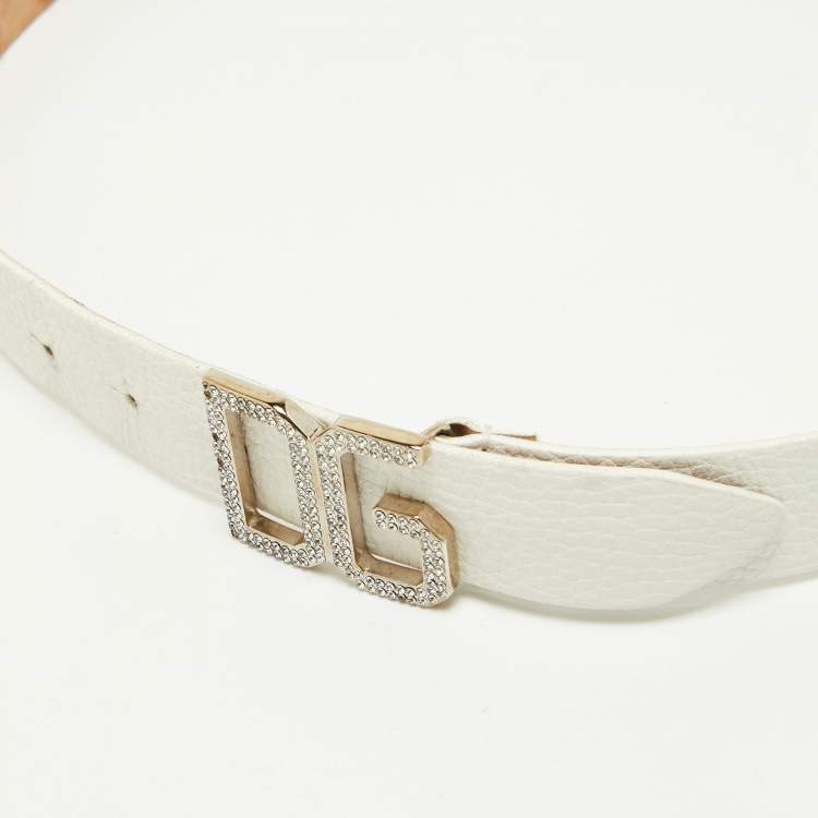 Pre Owned Dolce & Gabbana White Leather Crystals Embellished Logo Buckle Belt 85CM