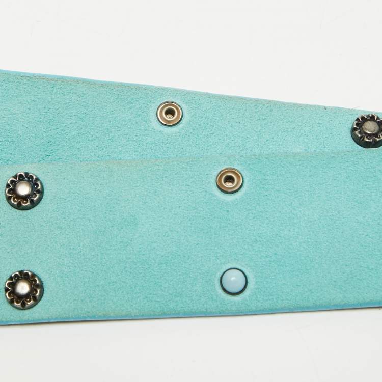 Pre Owned Dolce and Gabbana Turquoise Suede Studded DG Logo Plague Belt 80CM