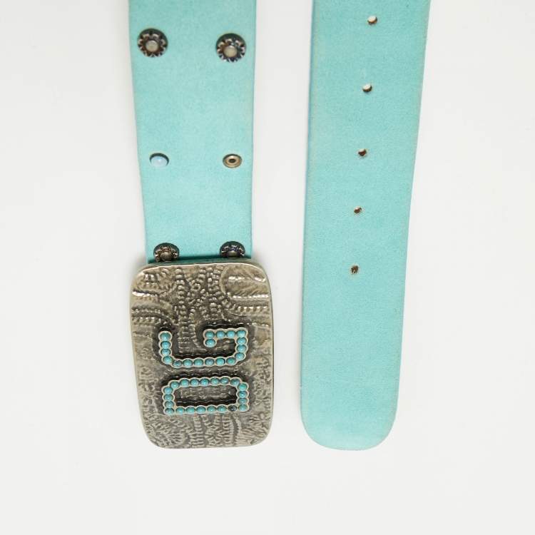 Pre Owned Dolce and Gabbana Turquoise Suede Studded DG Logo Plague Belt 80CM