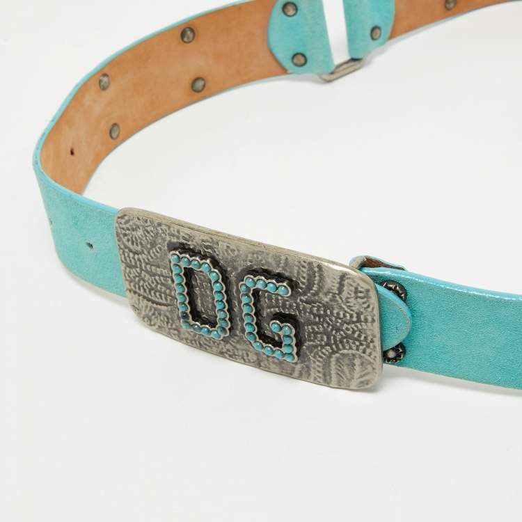 Pre Owned Dolce and Gabbana Turquoise Suede Studded DG Logo Plague Belt 80CM
