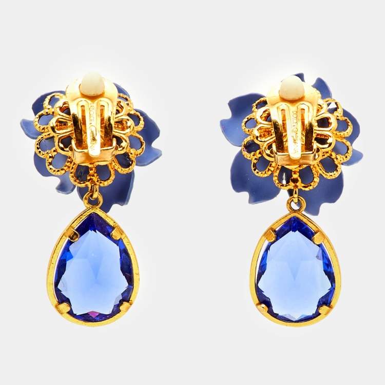 Pre Owned Dolce & Gabbana  Blue Flower Crystals Resin Drop Earrings
