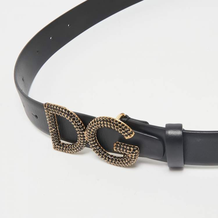 Pre Owned Dolce & Gabbana Black Leather Crystal Embellished DG Buckle Belt 110 CM
