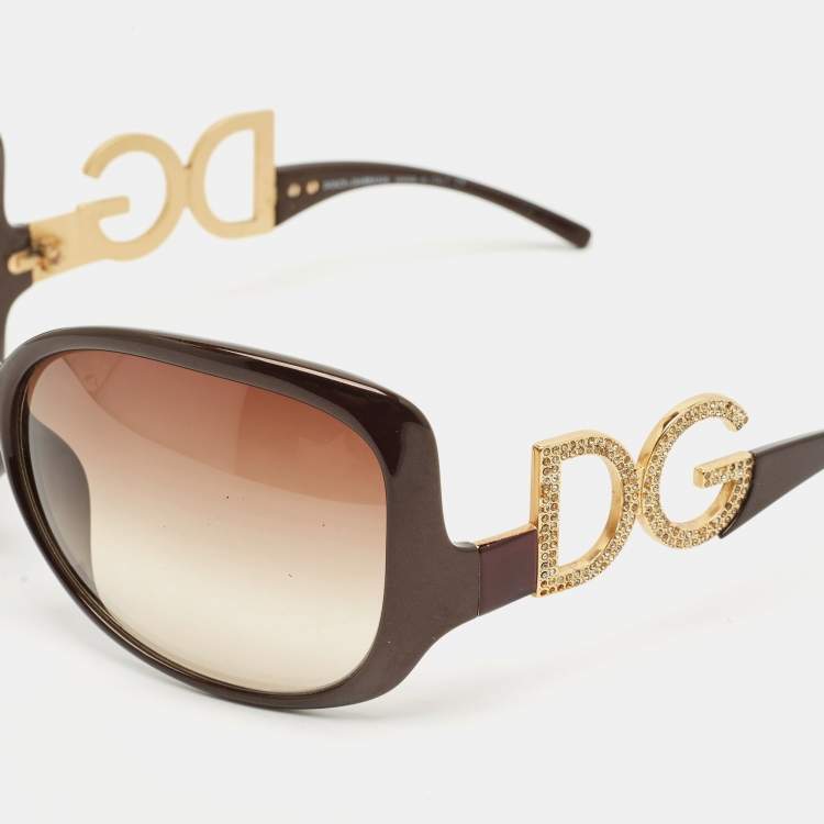 Pre Owned Dolce and Gabbana Brown Gradient DG Crystals Logo Oversized  Sunglasses