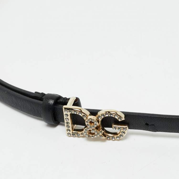 Pre Owned Dolce & Gabbana Black Leather DG Crystals Waist Belt 75CM