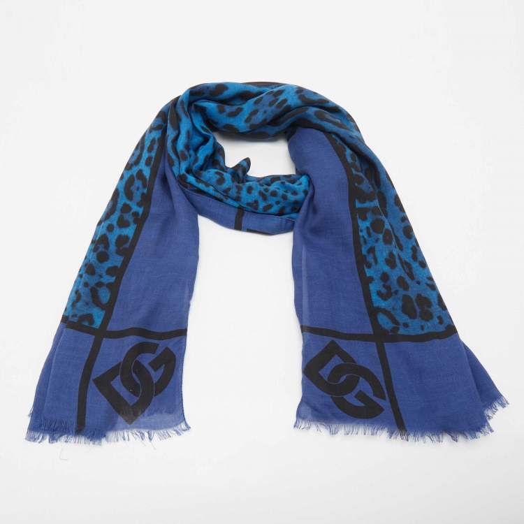 Pre Owned Dolce & Gabbana Blue Leopard Print Wool Blend Scarf 