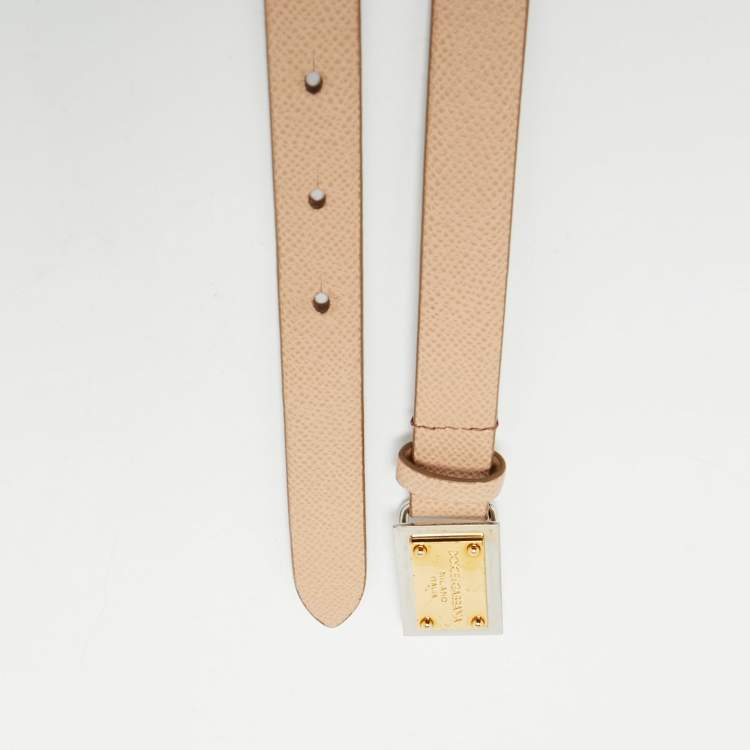 Pre Owned Dolce & Gabbana Beige Leather Logo Plaque Slim Belt 75 CM