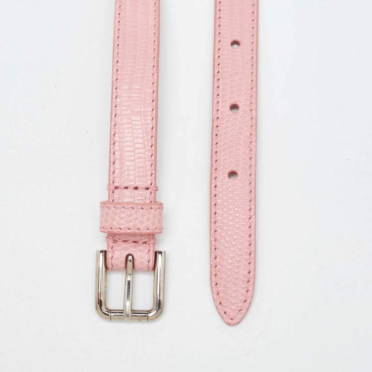 Pre Owned Dolce & Gabbana Pink Iguana Leather Rose Embellished Chain Waist Belt 65CM