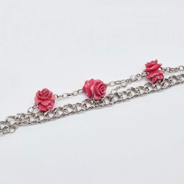 Pre Owned Dolce & Gabbana Pink Iguana Leather Rose Embellished Chain Waist Belt 65CM