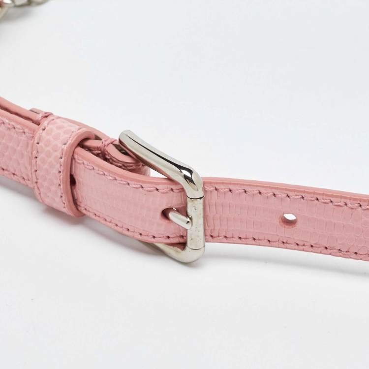Pre Owned Dolce & Gabbana Pink Iguana Leather Rose Embellished Chain Waist Belt 65CM