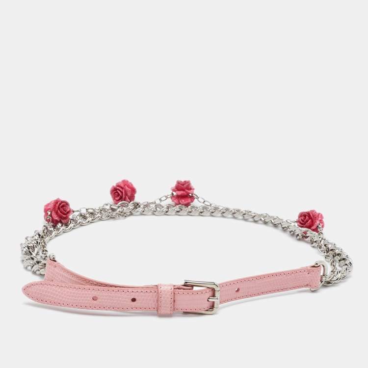 Pre Owned Dolce & Gabbana Pink Iguana Leather Rose Embellished Chain Waist Belt 65CM