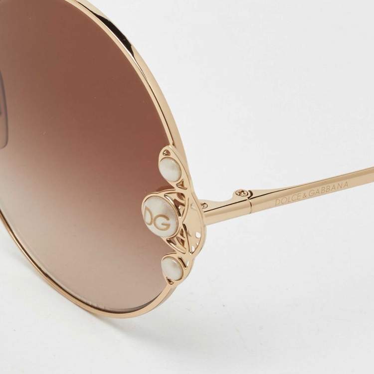Pre Owned Dolce & Gabbana Brown Gradient DG2252-H Pearl Embellished Round Sunglasses