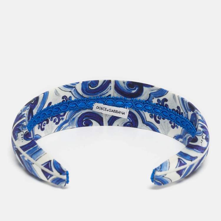Pre Owned Dolce & Gabbana Blue Majolica Print Stretch Satin Hairband